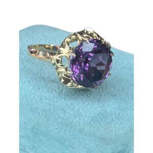 14k Yellow Gold Lab Created Round Amethyst Solitaire Ring Size 7.5